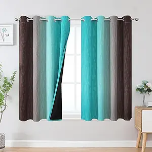 Estelar Textiler Brown and Teal Blackout Curtains 45 Inch Length, Light Blocking Gradient Drapes for Kitchen, Thermal Insulated Grommet Ombre Curtains for Bathroom,52Wx45L,2 Panels