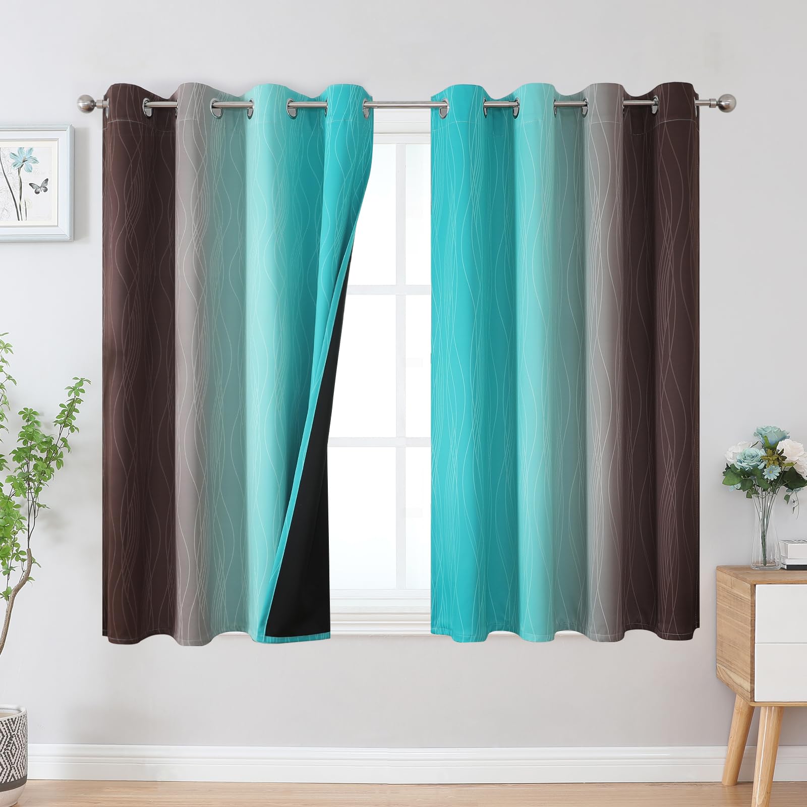 Estelar Textiler Brown and Teal Blackout Curtains 45 Inch Length, Light Blocking Gradient Drapes for Kitchen, Thermal Insulated Grommet Ombre Curtains