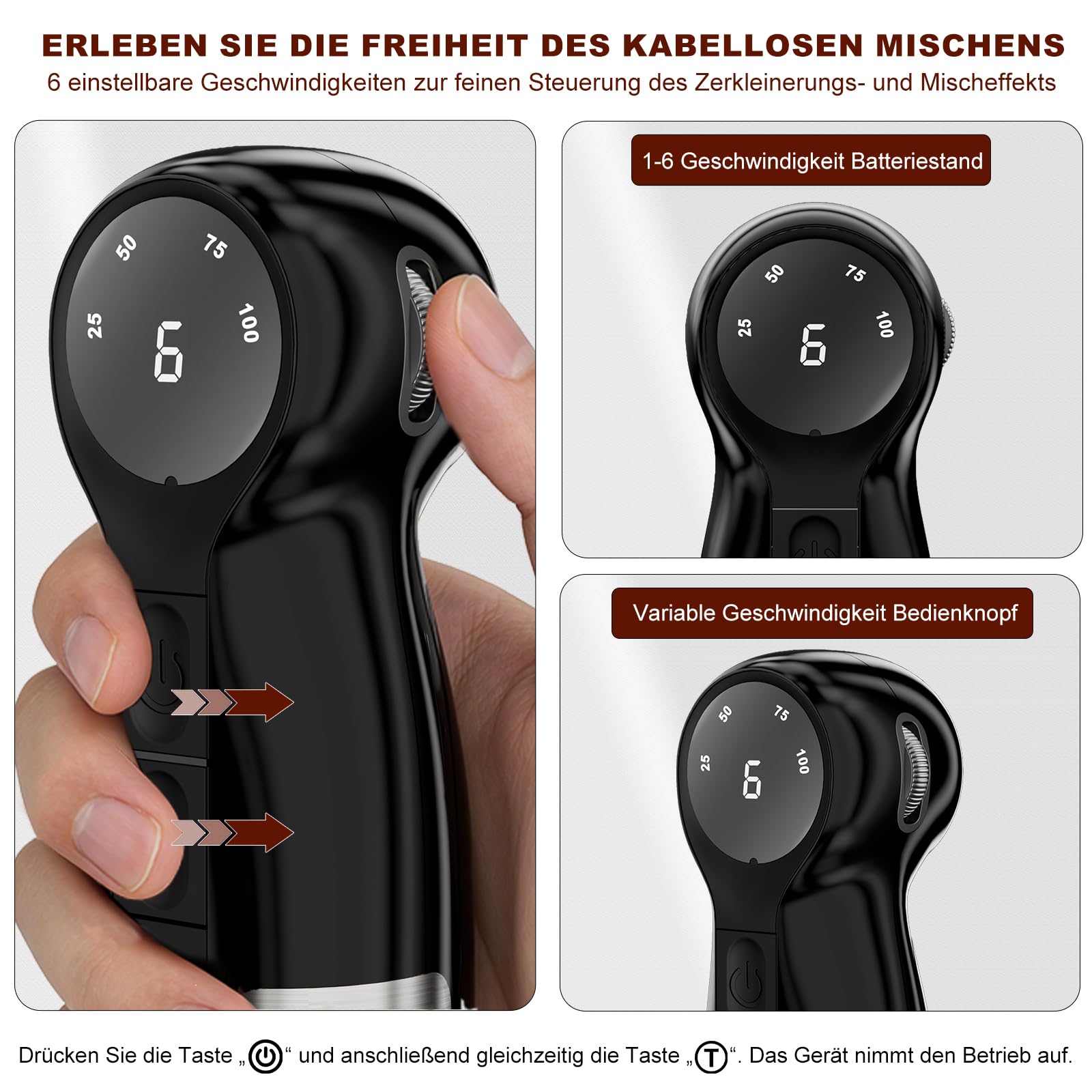 Camic Stabmixer, 4-in-1 Pürierstab, Kabelloses Elektrische Stabmixer mit 6-Stufiger + LED-Anzeige, Inklusive Edelstahl-Mixfuß, Schneebesen und 500ml Lebensmittelhacker für Suppen, Babynahrung