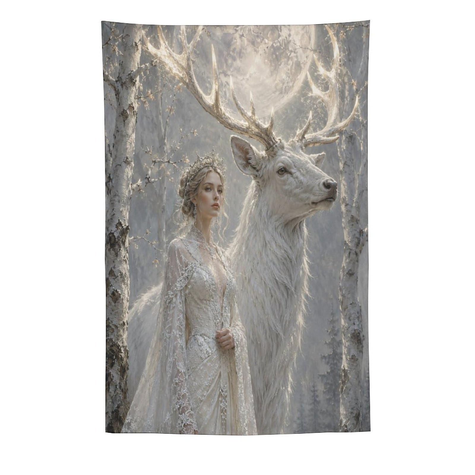 H3B8U2Y5 White Deer Woman Wall Tapestry, Fantasy Illustration, Room Divider