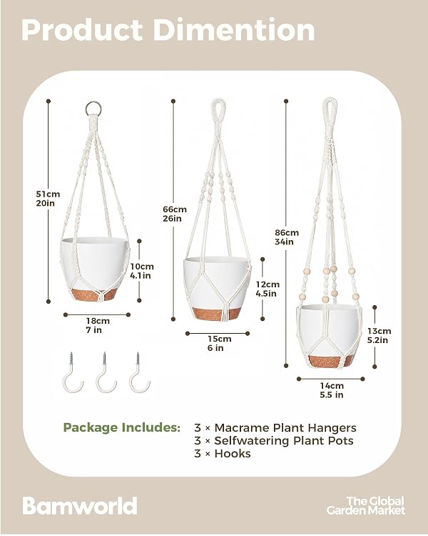 Bamworld Macrame Plant Hangers 3 Pack, Hanging Planters Indoor Outdoor Plants 3 Set Self Watering Flower Pots Holder for Home Garden Balcony Ceiling Decorations by Bamworld - Used condition - Image 5