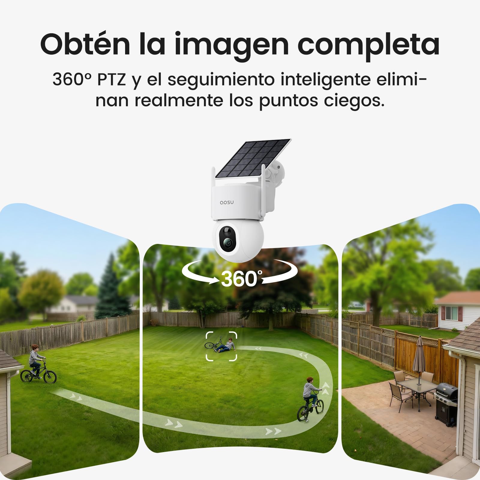 aosu Cámara Vigilancia Exterior Solar 4K 8MP UHD con batería, PTZ 360°, Panel Solar, WiFi, detección PIR, Auto Tracking, visión Nocturna Color, Audio 2 vías, Alarma IP65