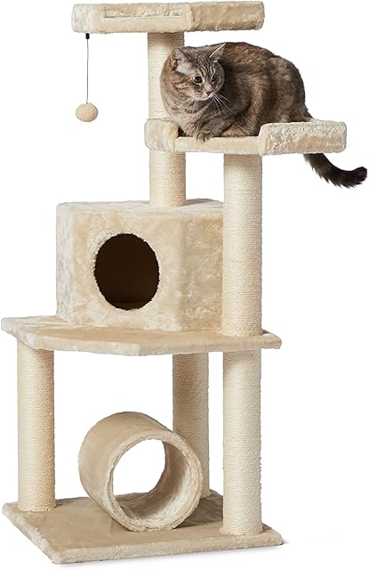 Amazon Basics Cat Tree Tower with Tunnel And Scratching Post - 19 x 19 x 43 Inches, Beige