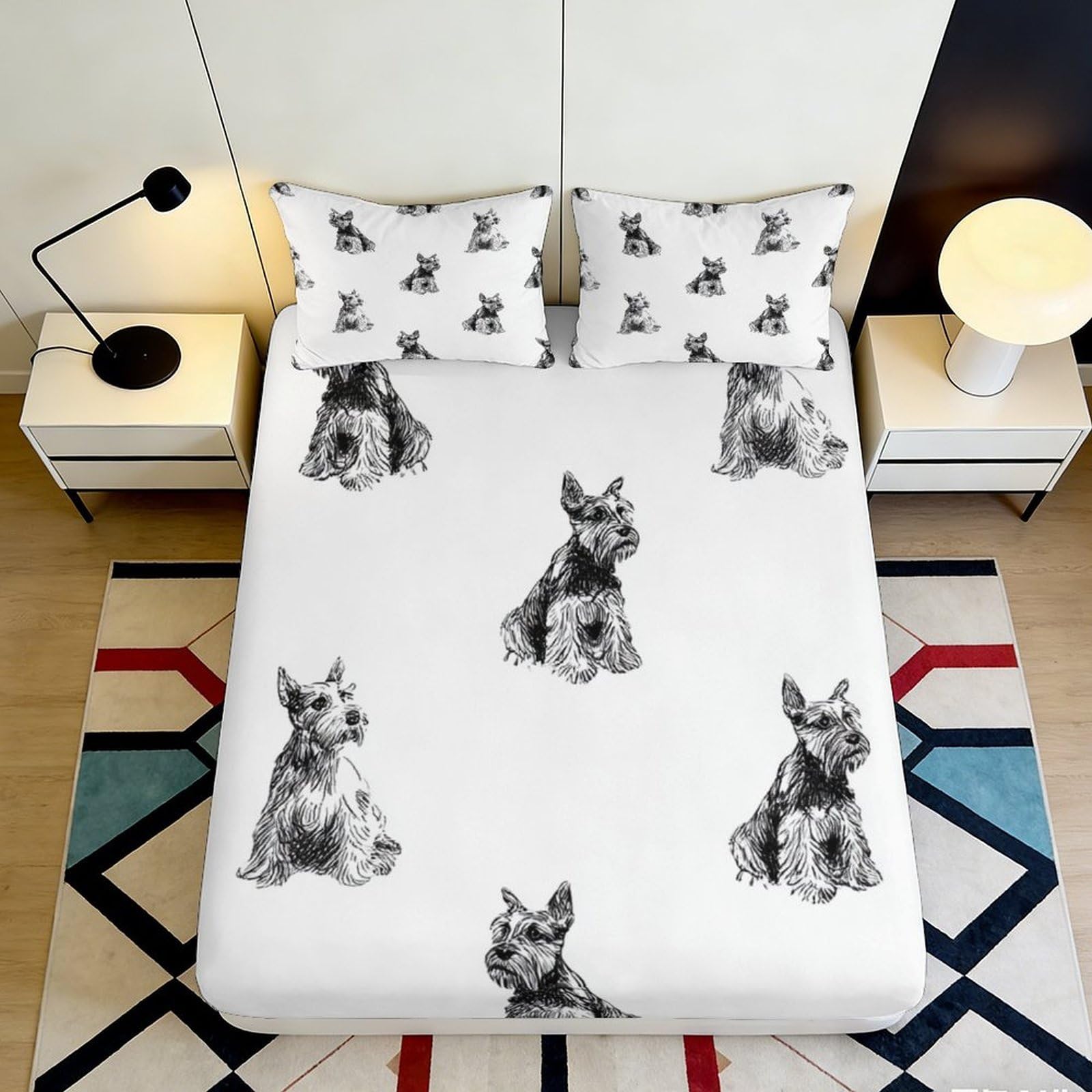 3D Printed Schnauzer Dog Fitted Sheet Microfiber Soft White Pet Pattern Mattress Cover for Bedroom Guest Room Decor 200x200x25cm