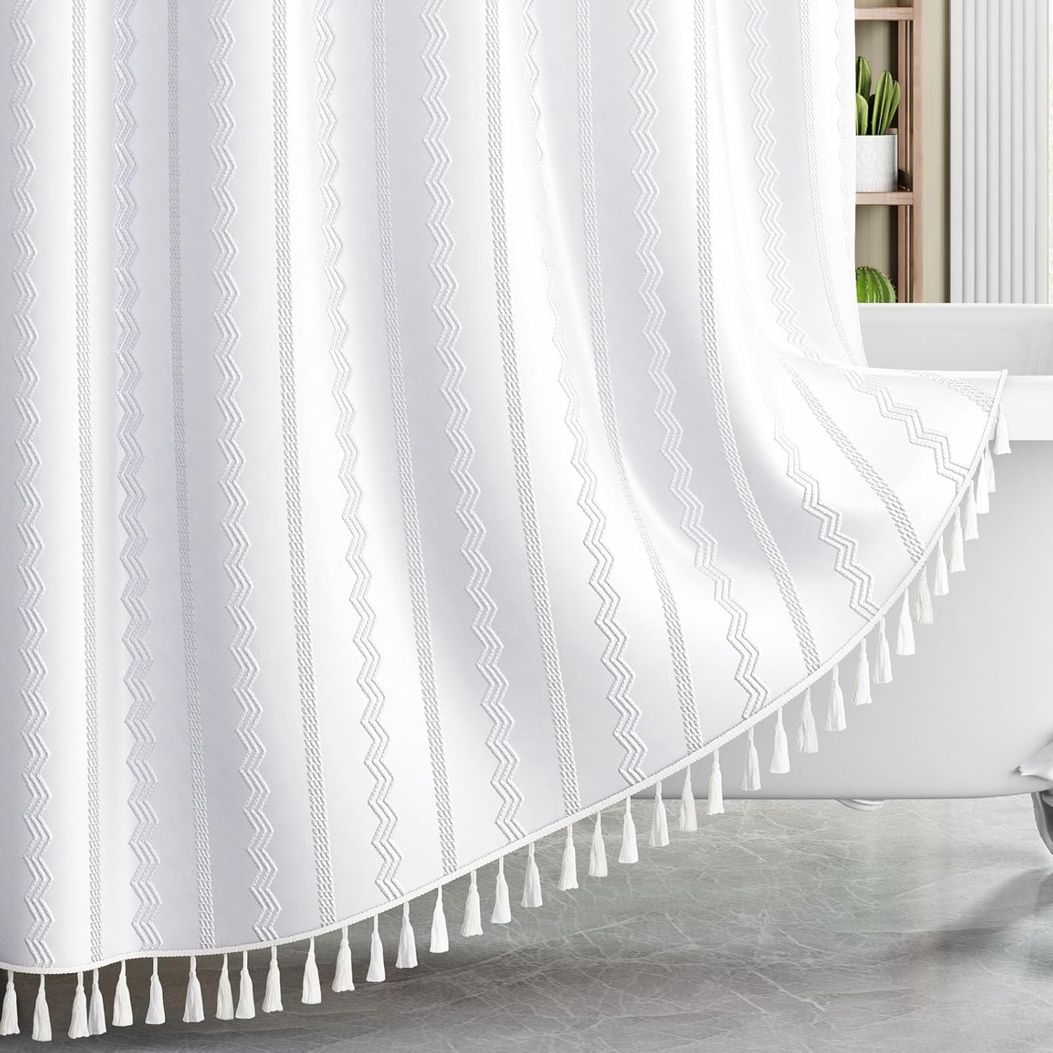 NixiYa White Fabric Shower Curtain Boho Cute Shower Curtain