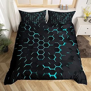 Honeycomb Hexagon Bedding Set,Geometry Duvet Cover forÂ KidsÂ TeenÂ BoysÂ Girls,Teal Neon Lights Comforter Cover Decorative Room,Modern Diamond Pattern QuiltÂ CoverÂ withÂ 2Â Pillowcases,Full Size