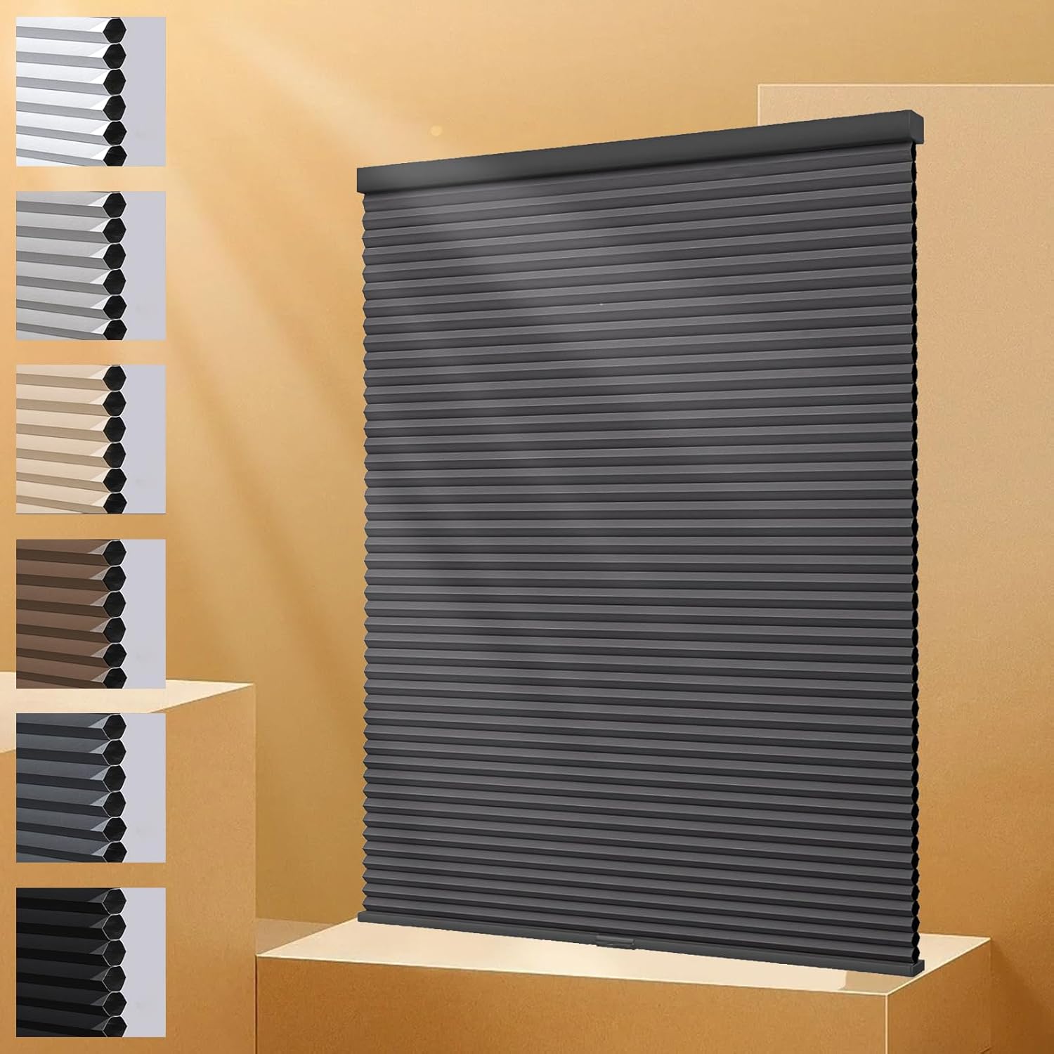 Blackout Cellular Shades for Windows,Custom Size Cordless Cellular Blinds,Thermal Insulated Pleated Window Blinds,Honeycomb Shades for Windows,Home,Black Gray,31" W × 36" H