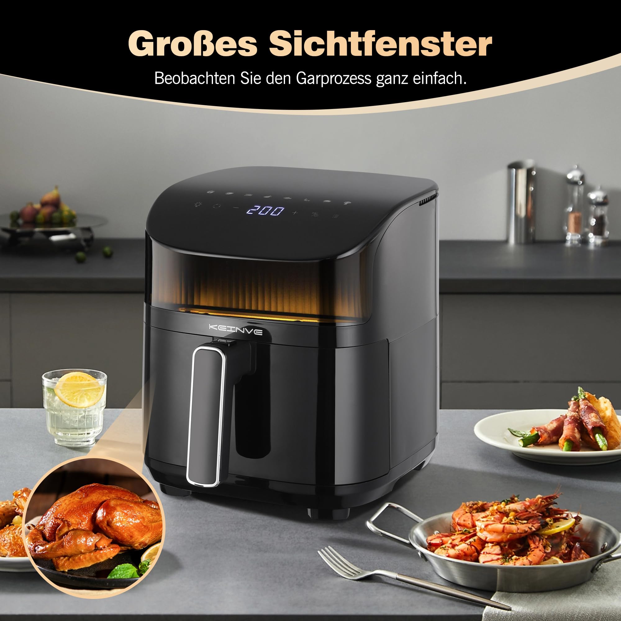 KEINVE Airfryer Heißluftfritteuse, 8-in-1 Air Fryer XXL 5L, Heissluftfritteuse mit Sichtfenster & Shake-Reminder