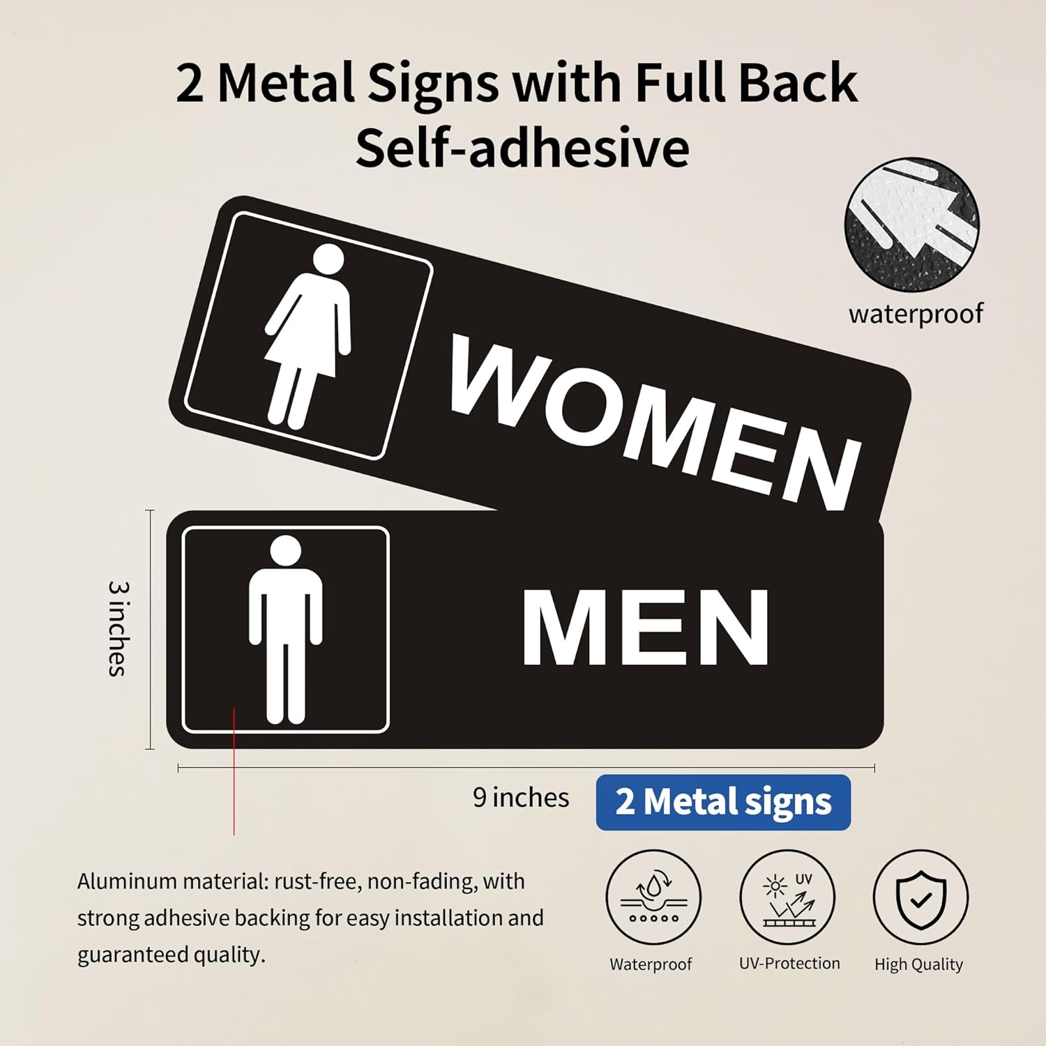 Restroom Sign - (2 Pack ) Metal Restroom Signs for Business with Strong Self-Adhesive, Bathroom Signs for Home Door or Wall, Ideal Unisex Restroom Signs for Women and Men, Easy to Install (Black Women and Men 9" x 3") - Image 2