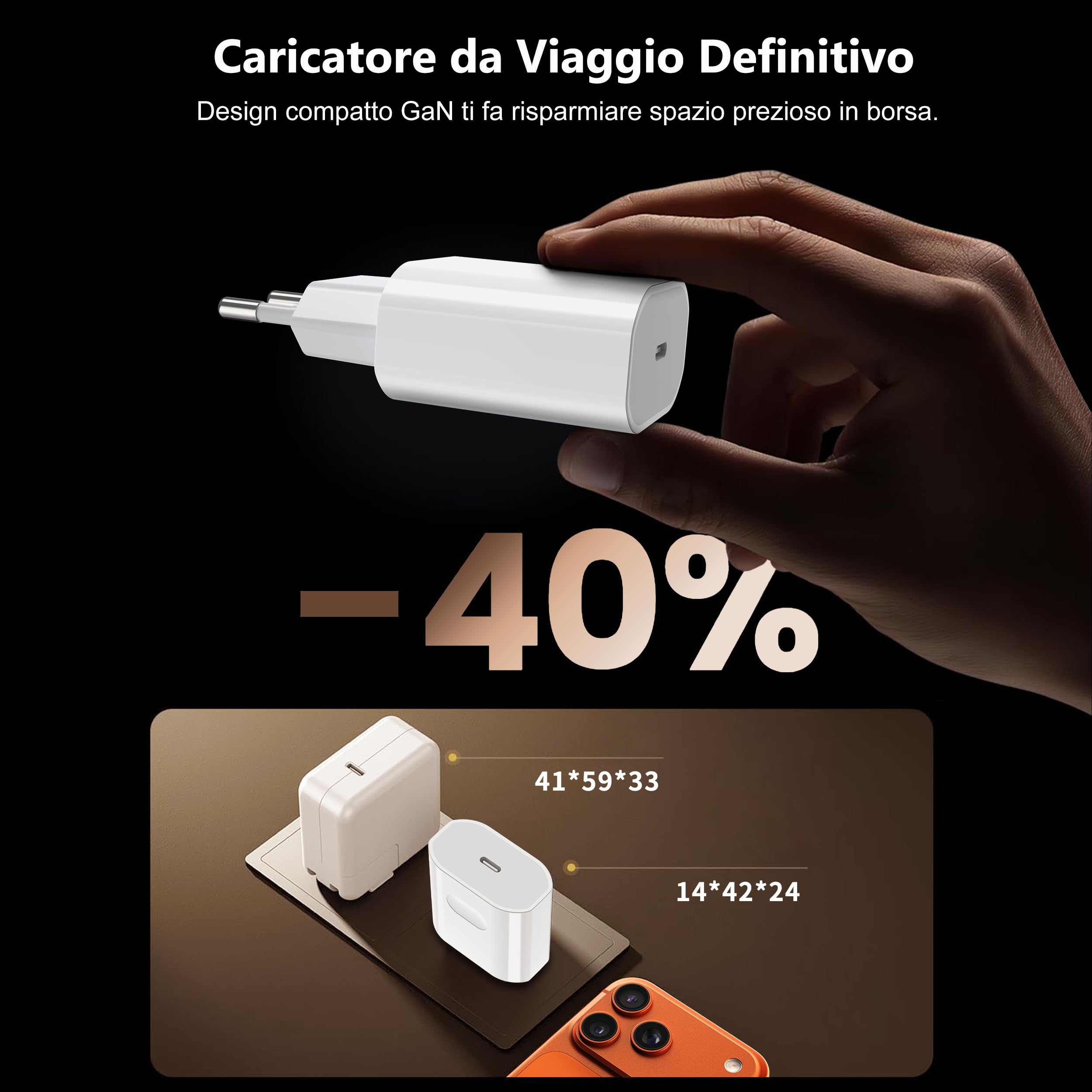 Caricatore USB C 40W per iPhone 17/17 Pro/17 Pro Max/17 Air, iPhone 16/15, USB C Caricabatterie Alimentatore Presa Spina Veloce con Cavo 2M