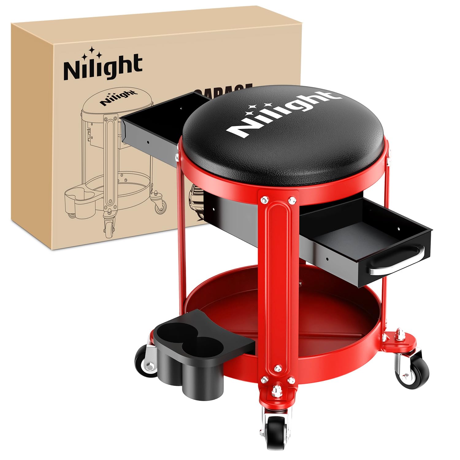 Nilight Rolling Mechanic Stool 300LBS Red Garage Seat with Dual Drawers