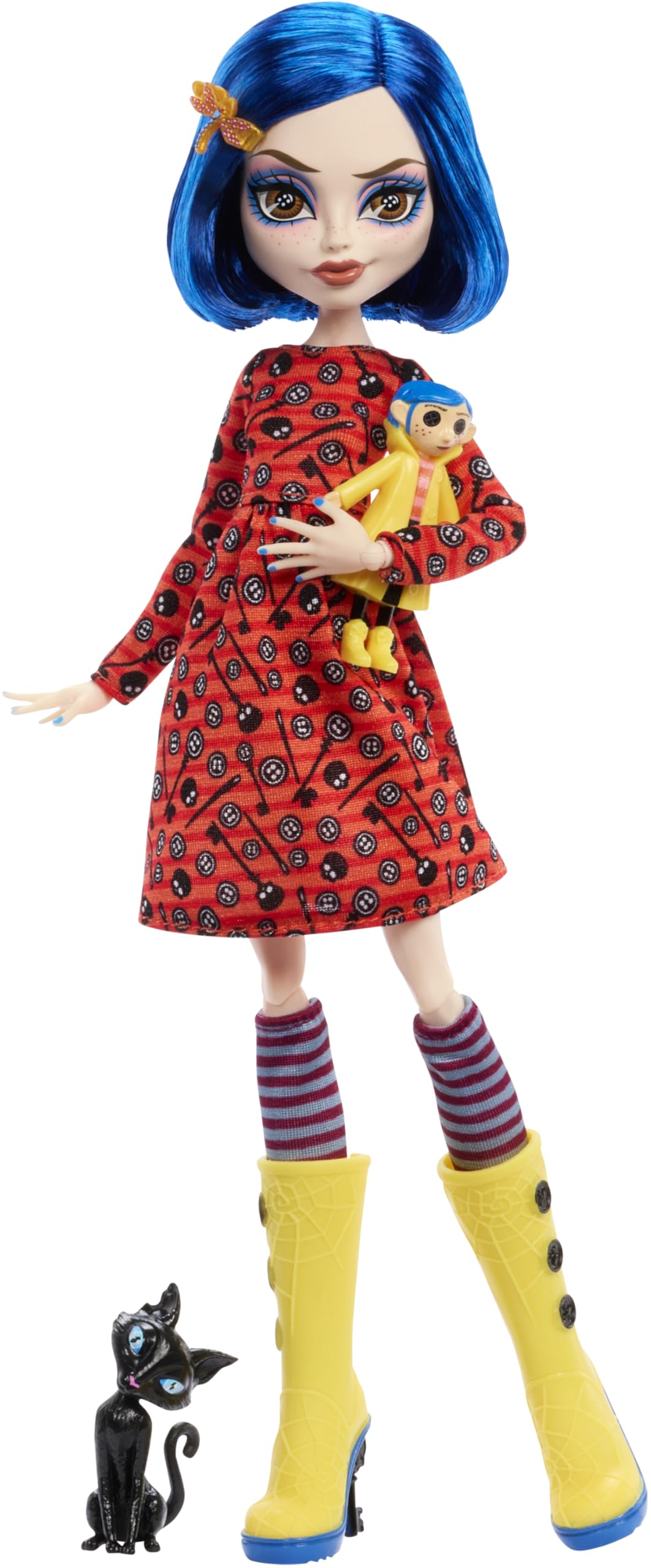 Monster High Skullector Doll, Coraline Collectible in Yellow Raincoat with Dress and Accessories Like Rag Doll, Cat Figure, and Doll Stand