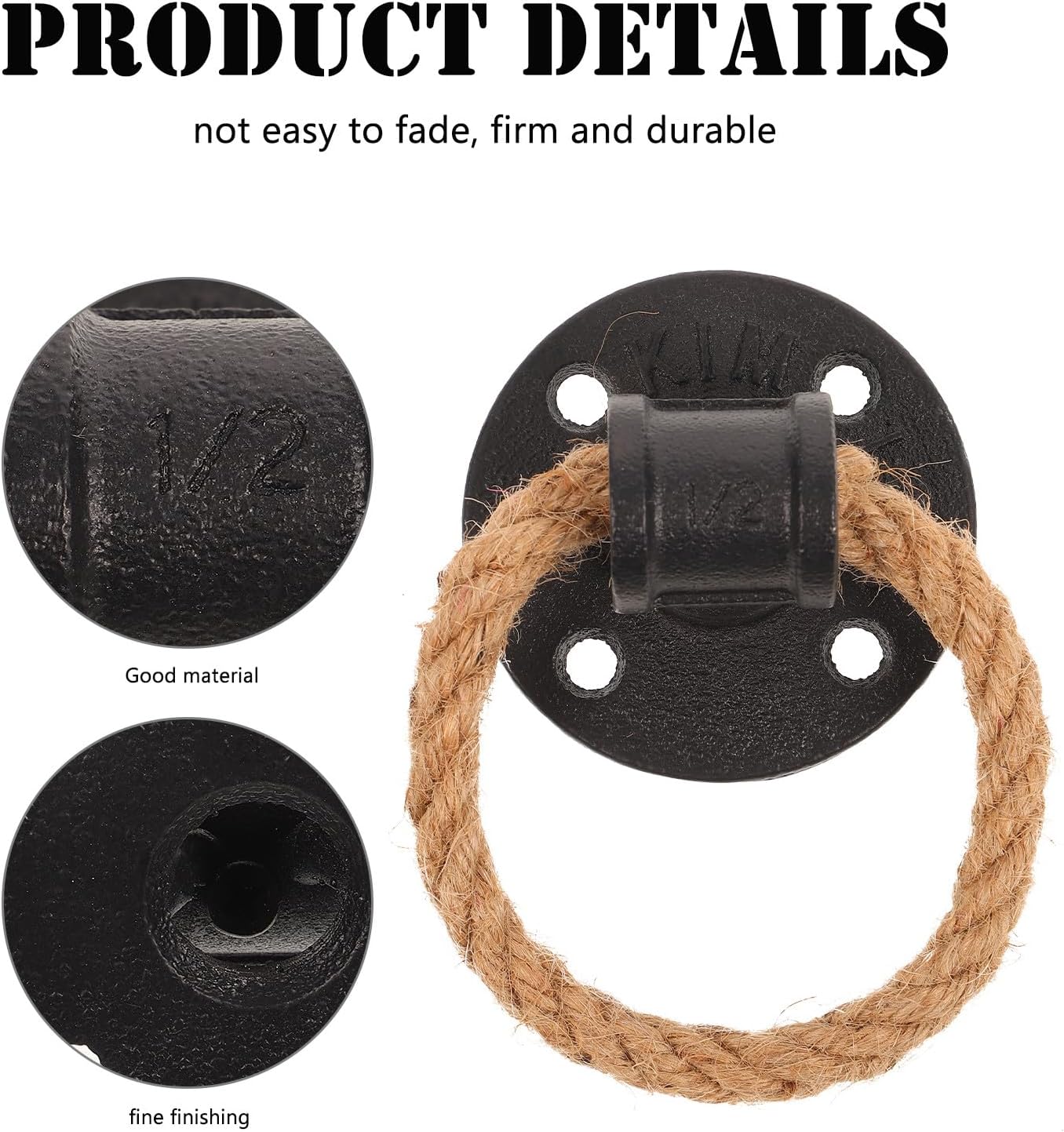 Vintage Rope Pull Drawer Handle Set, Black Jute Cabinet Knob with Iron Ring, Adjustable Length Rustic Door and Cupboard Handles for Wardrobe Hardware (2 Pieces)