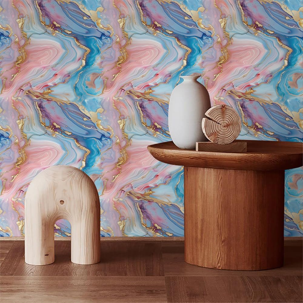 Modern Pink Blue Yellow Marble Abstract Colorful Peel and Stick Wallpaper Contact Paper Vintage Vinyl Stick on Wall Paper for Bedroom Bathroom Kitchen Cabinet Renter Friendly
