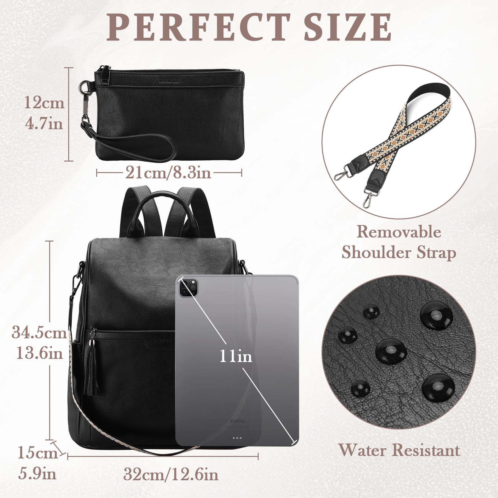RAVUO Bolso Mochila Mujer, Mochilas Antirrobo de Cuero PU Impermeable 2pcs Set Bolsa de Mano Mochilas Casual para Escuela Viaje Compras,Nergo