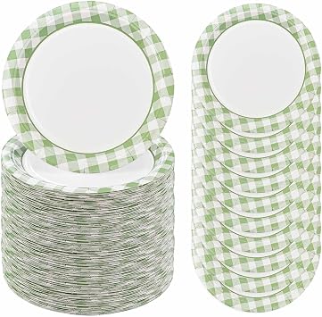 50 Pcs Sage Green Gingham Paper Plates 7 Inch Disposable Sage Green and White Buffalo Plaid Dinner Plates for Wedding Baby Shower Birthday Party Checkered Dessert Plate