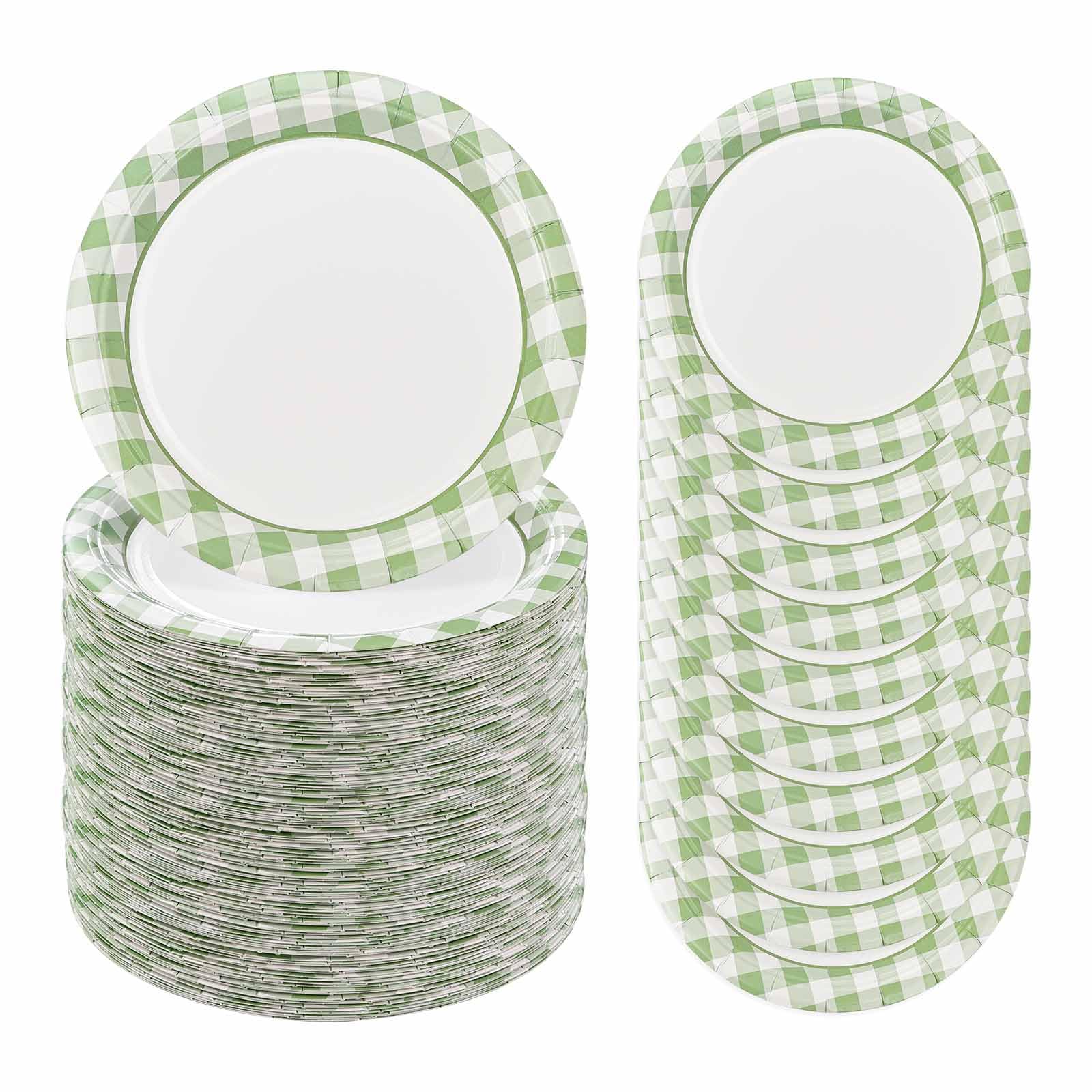 FALIZIFU 50 Pcs Sage Green Gingham Paper Plates 7 Inch Disposable Sage Green and White Buffalo Plaid Dinner Plates for Wedding Baby Shower Birthday