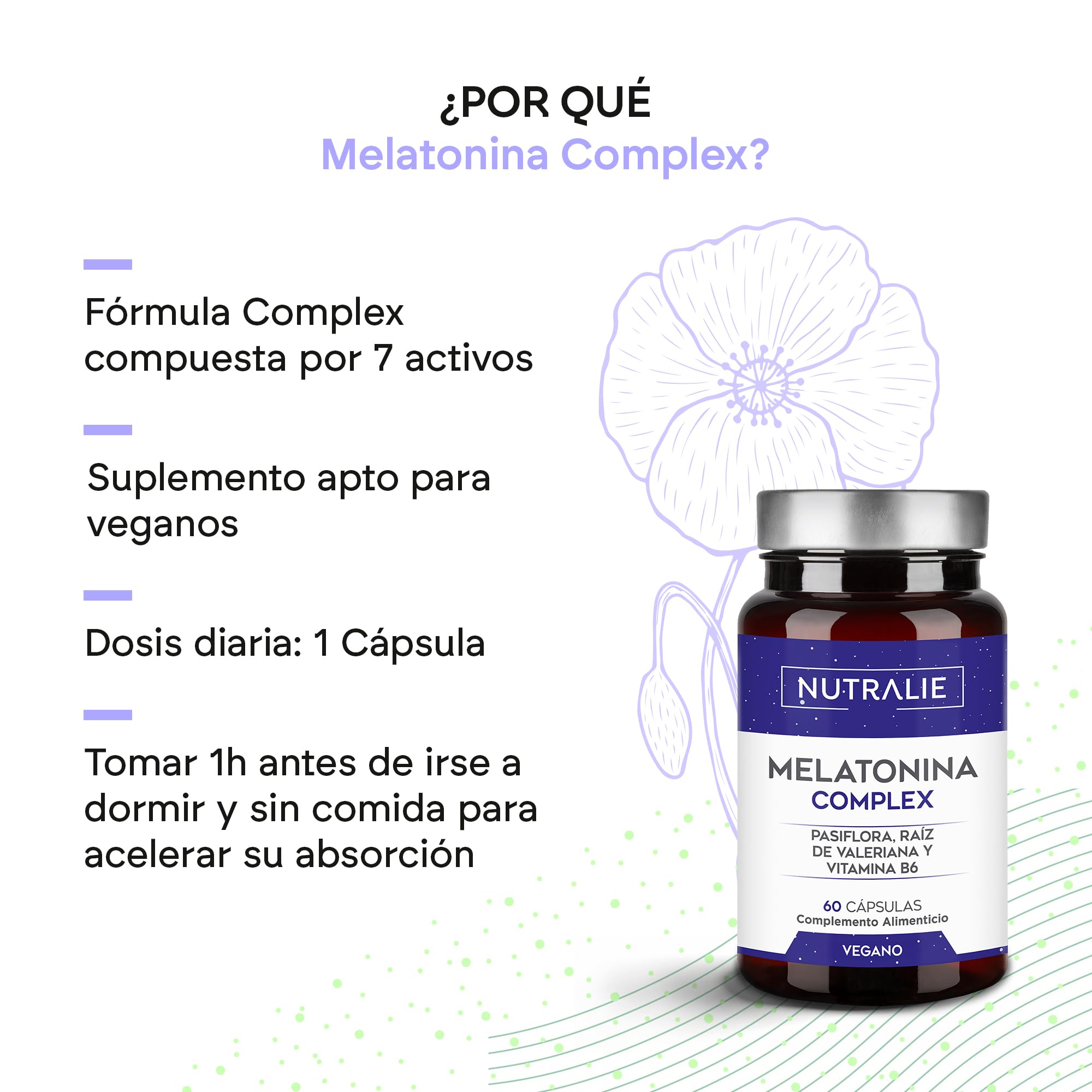 Melatonina 1,8mg Complex - Conciliar Sueño y Jet Lag - Valeriana + Pasiflora + Vit B6-60 Cápsulas Veganas Melatonin Complex Nutralie