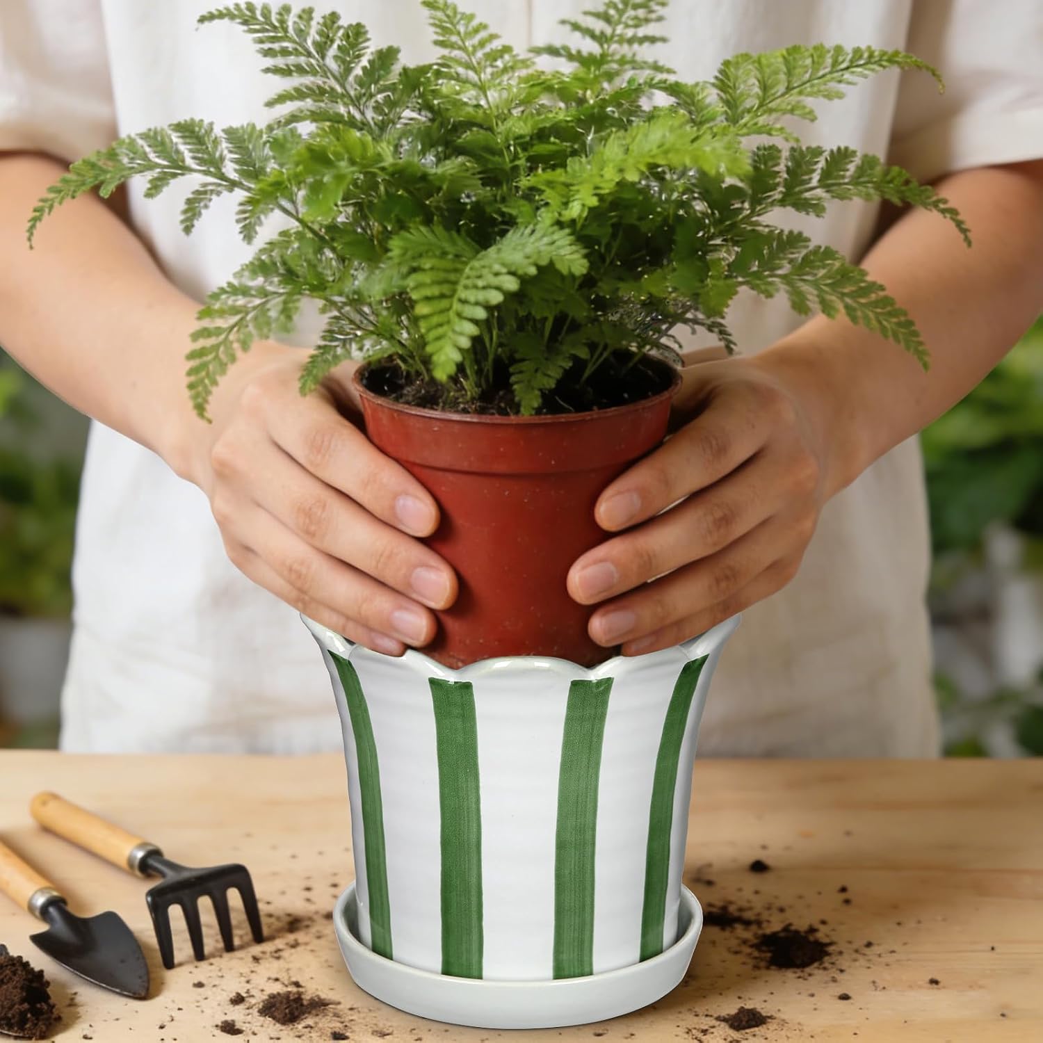Set of 2 Flower Planter, 5.8 inch Ceramic Plant Pots No Drainage Hole, Stripe Ceramic Planters with Wavy Opening for Indoor Outdoor Plants Home Gardening Desktop Windowsill