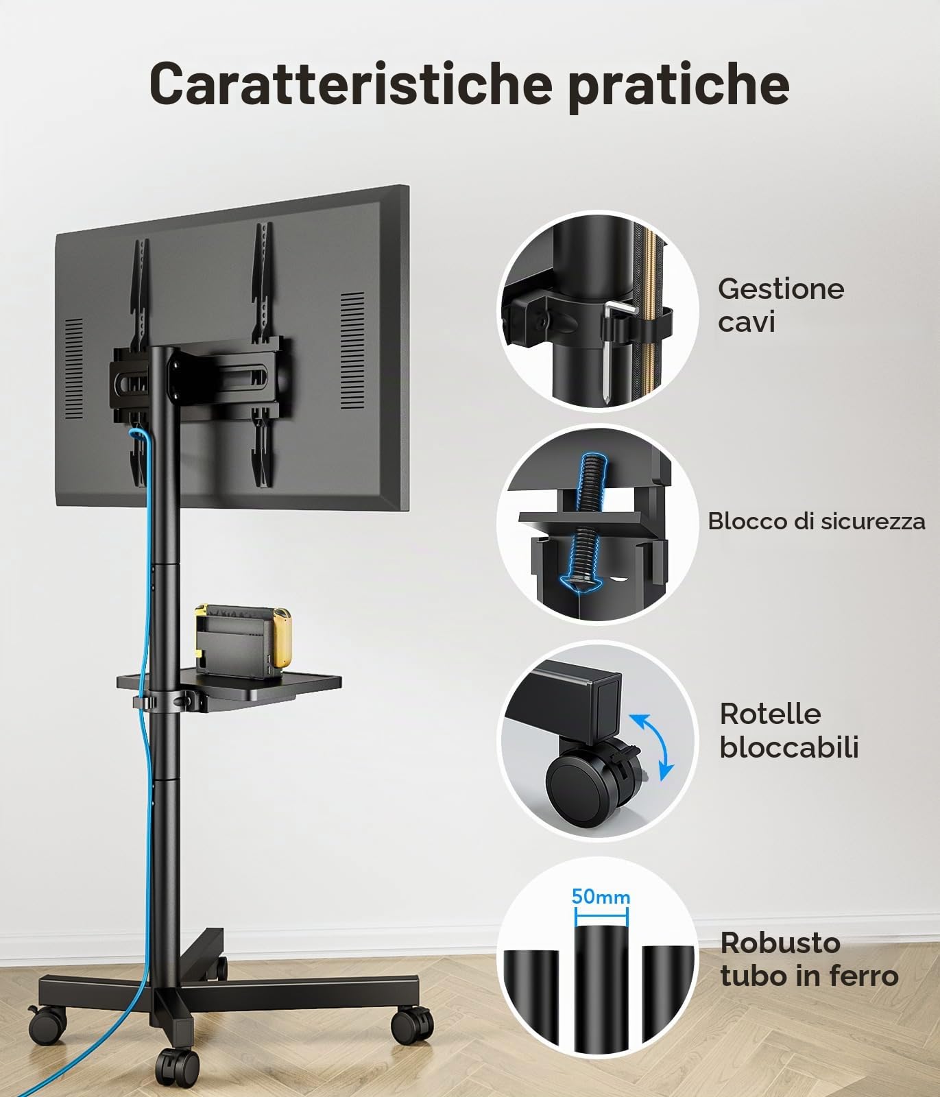 Supporto mobile TV per LCD LED da 23 a 60 pollici a schermo piatto/curvo, carrello porta TV con rotelle, supporta fino a 40 kg di peso, supporto TV portatile con ripiano girevole da pavimento
