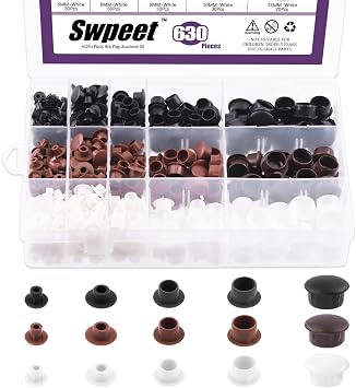 Swpeet 630Pcs 1/5" 1/4" 5/16" 3/8 1/2" White and Black Plastic Plugs Hole Plugs White Screw Covers Assortment Kit, Flush Type Hole Plugs Snap in Locking Hole Tube Panel Plugs Fastener Cover Plugs