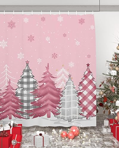 Juego de cortinas de ducha impermeables con árbol de Navidad color rosa, extra largas de 72 x 78 pulgadas, cortina de baño de tela de poliéster con