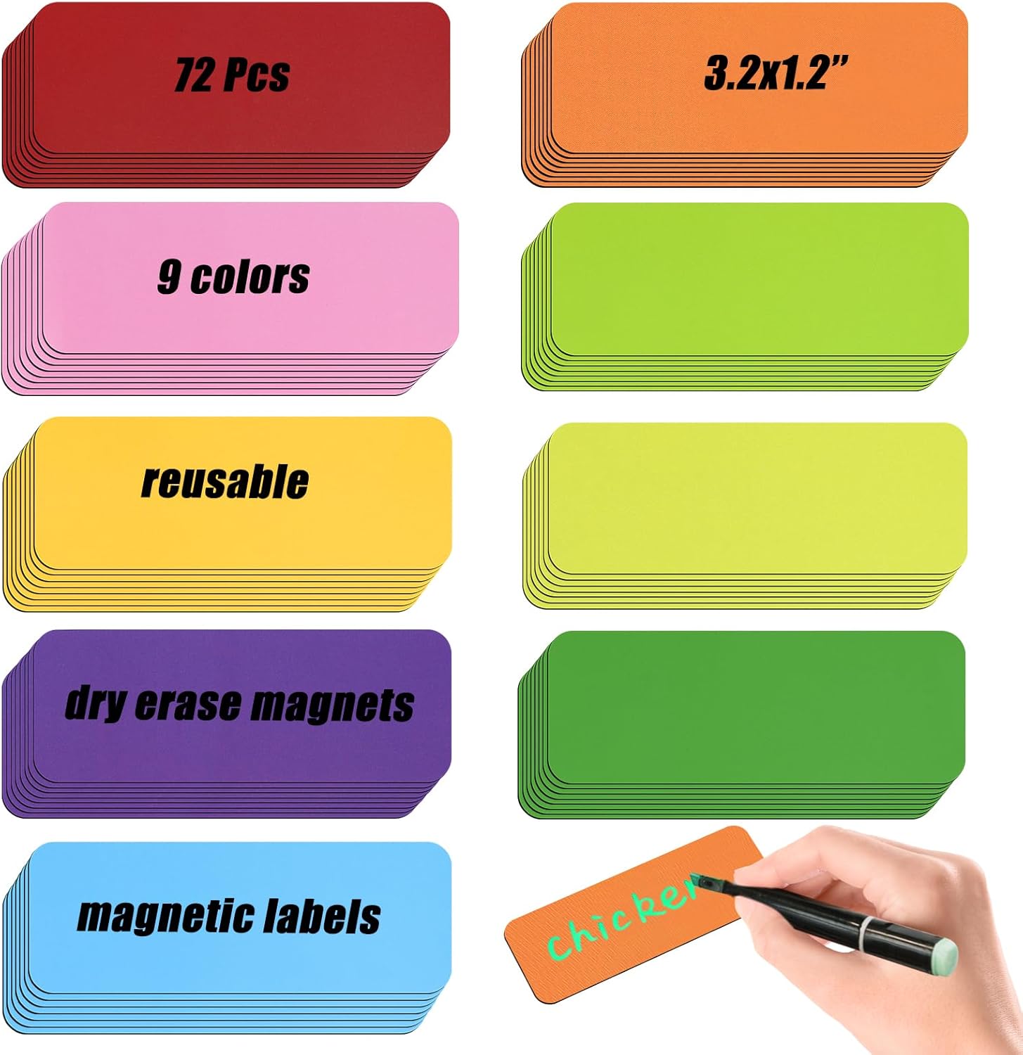 Pack of 72 Dry Erase Magnetic Labels 3.2 x 1.2" Reusable Magnetic Name Tags Write On Magnets Sticker Magnet Labels Name Plate for Whiteboard Fridge Classroom Office, 9 Colors - Amazon product rated Grade B