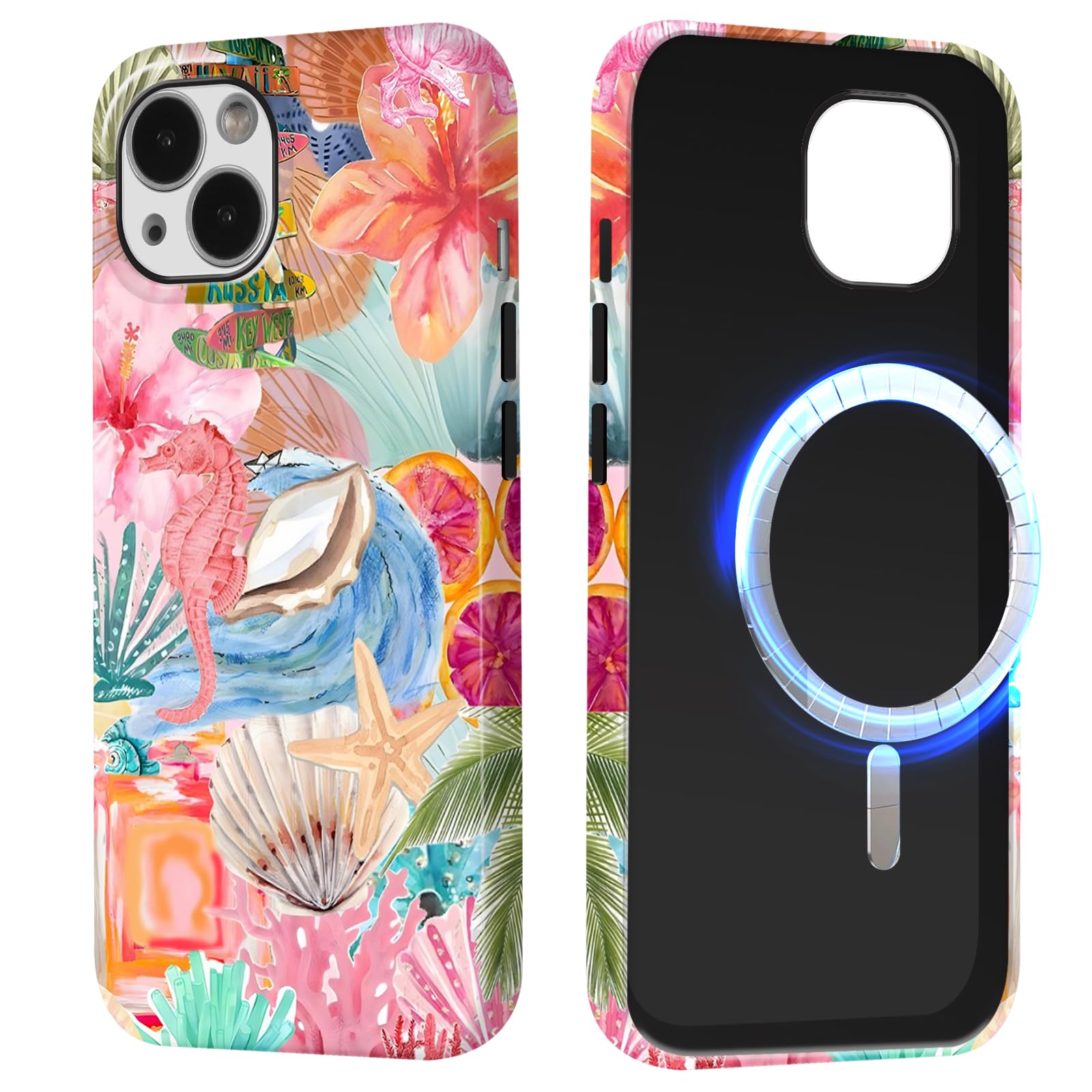 Magnetic for iPhone 13/iPhone 14 6,1'' Case, Compatible with MagSafe, Pink Sea Life Flower Collage Cute Phone Case, Aesthetic Trendy Scratch Resistant