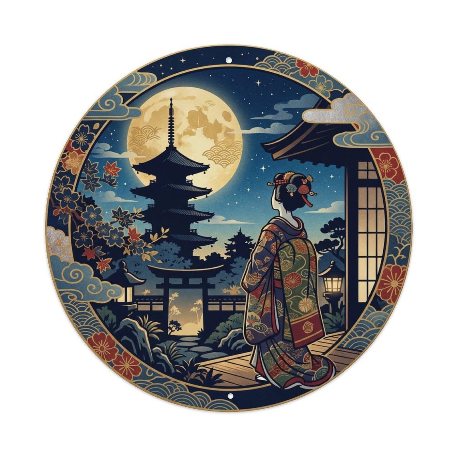 Galvaxio Style Japanese Kimono Woman Pagoda Moonlight Night Scenery Metal Tin Sign