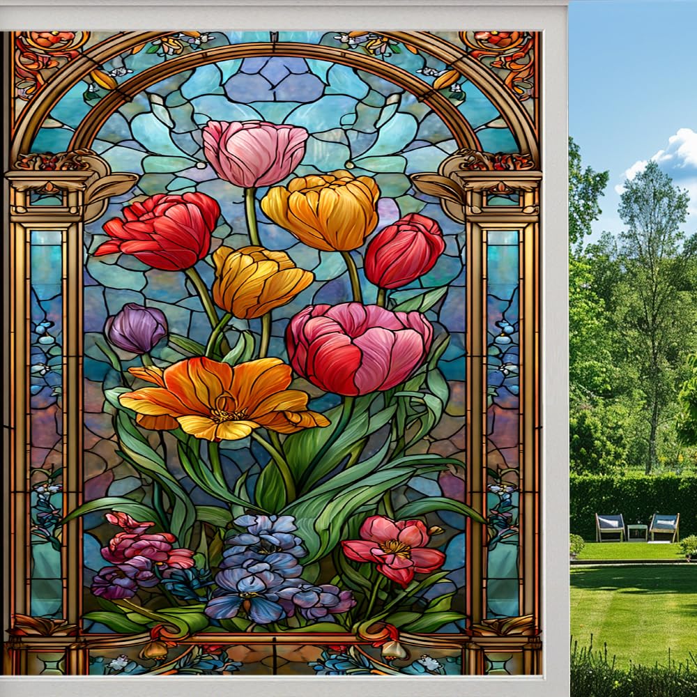 Natural Garden Frosted Window Film, Dreamy Tulips Flowers Stained Glass Privacy Film, Heat Insulation Self-Adhesive Vinyl for Bathroom Office, （90x140cm）