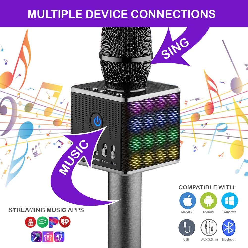 KaraoKing Wireless Bluetooth Karaoke Microphone - Portable KTV Machine with Speaker, LED Lights and Bonus Phone Holder Perfect for Pop, Rock n Roll, Solo Parties and More (H8 2.0 Dark Gray), (HG1)