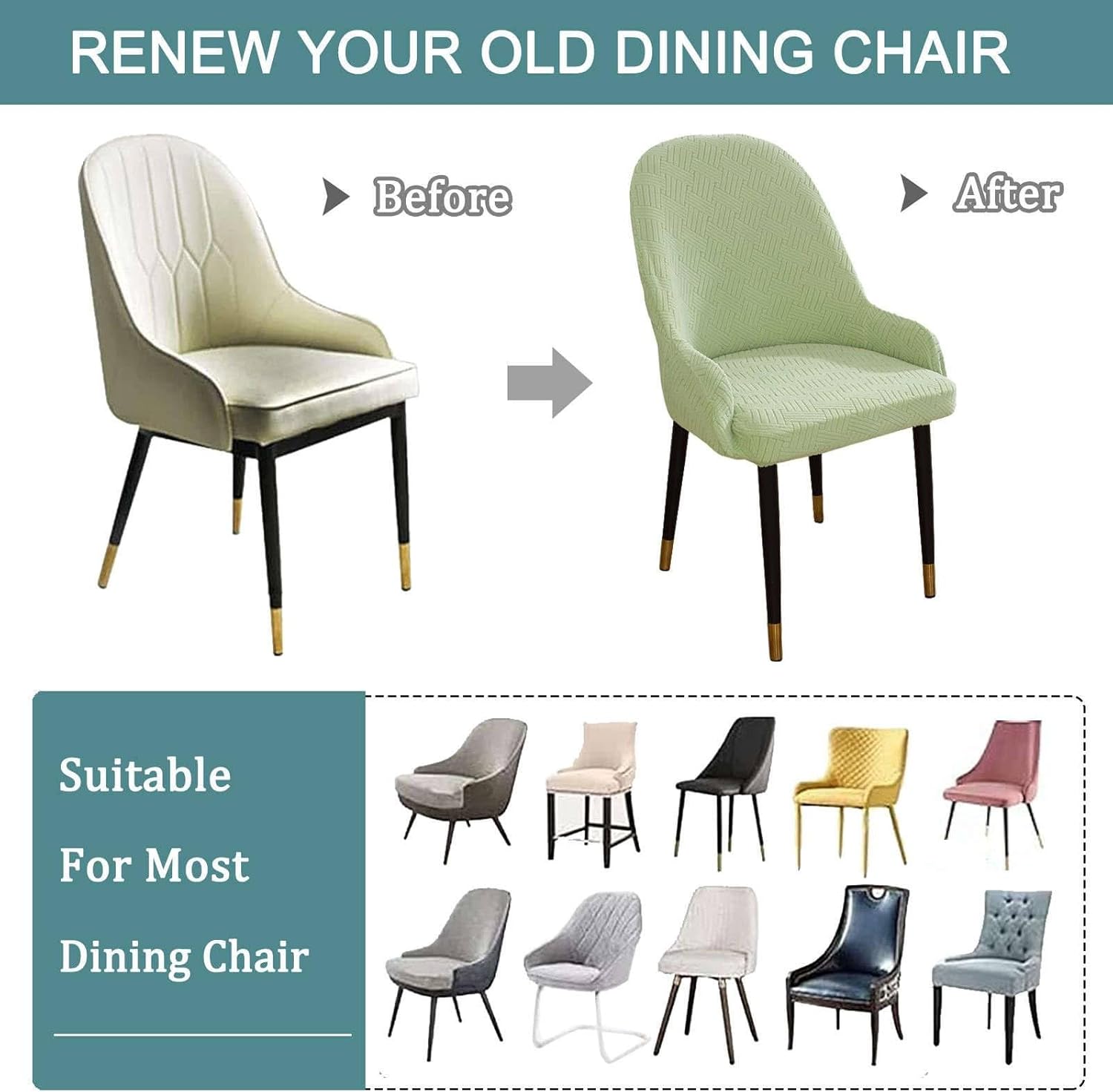 Elastic Dining Chair Cover, Bow Back Armchair Cover with Elastic Bottom Washable Chair Cover with Armrest(Vert Clair,Lot de 2)