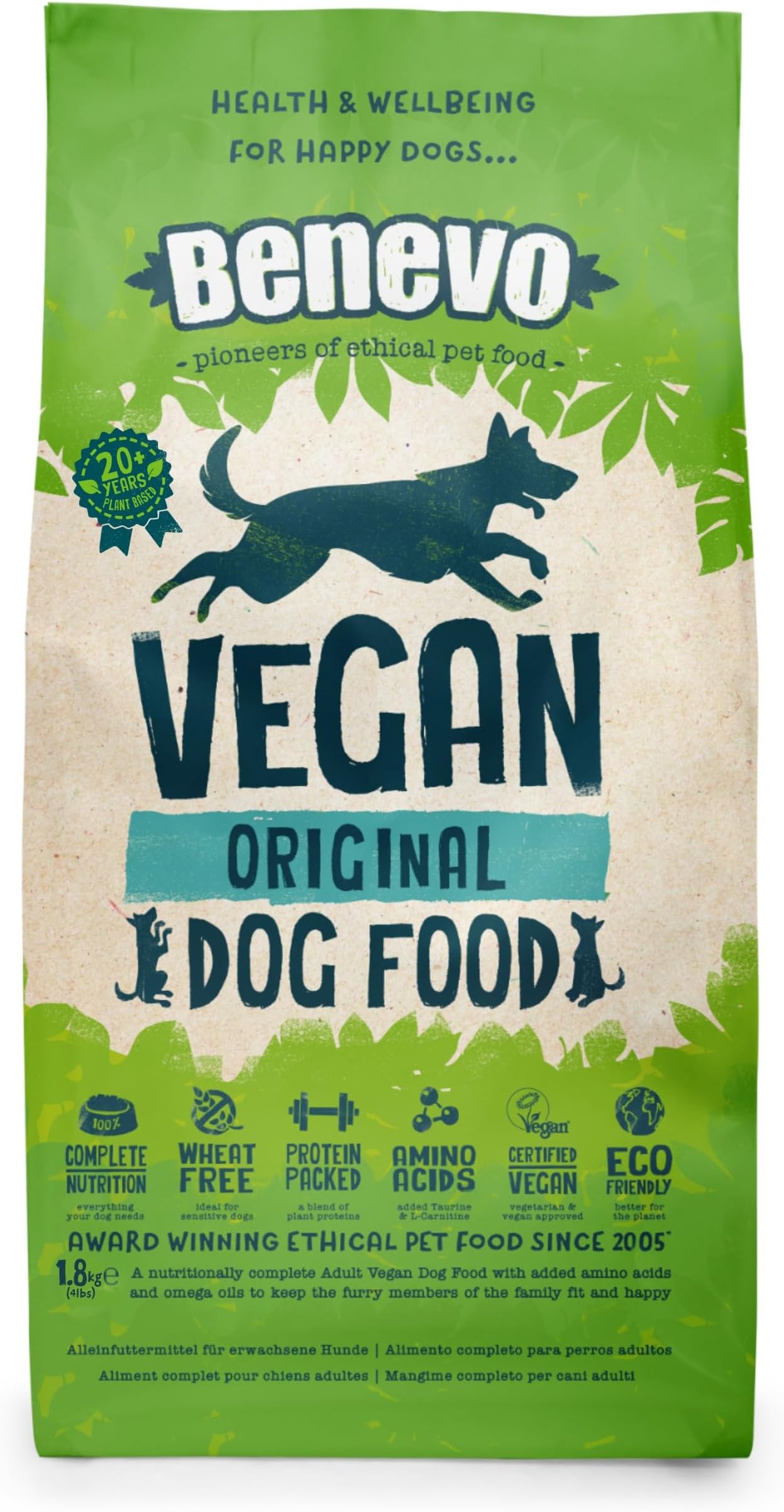 Benevo Vegan Dog Food (1.8kg) – Complete Plant-Based Dry Food | Hypoallergenic, Wheat-Free, Non-GM | with Taurine, L-Carnitine & Essential Fatty Acids | PETA & Vegan Society Approved