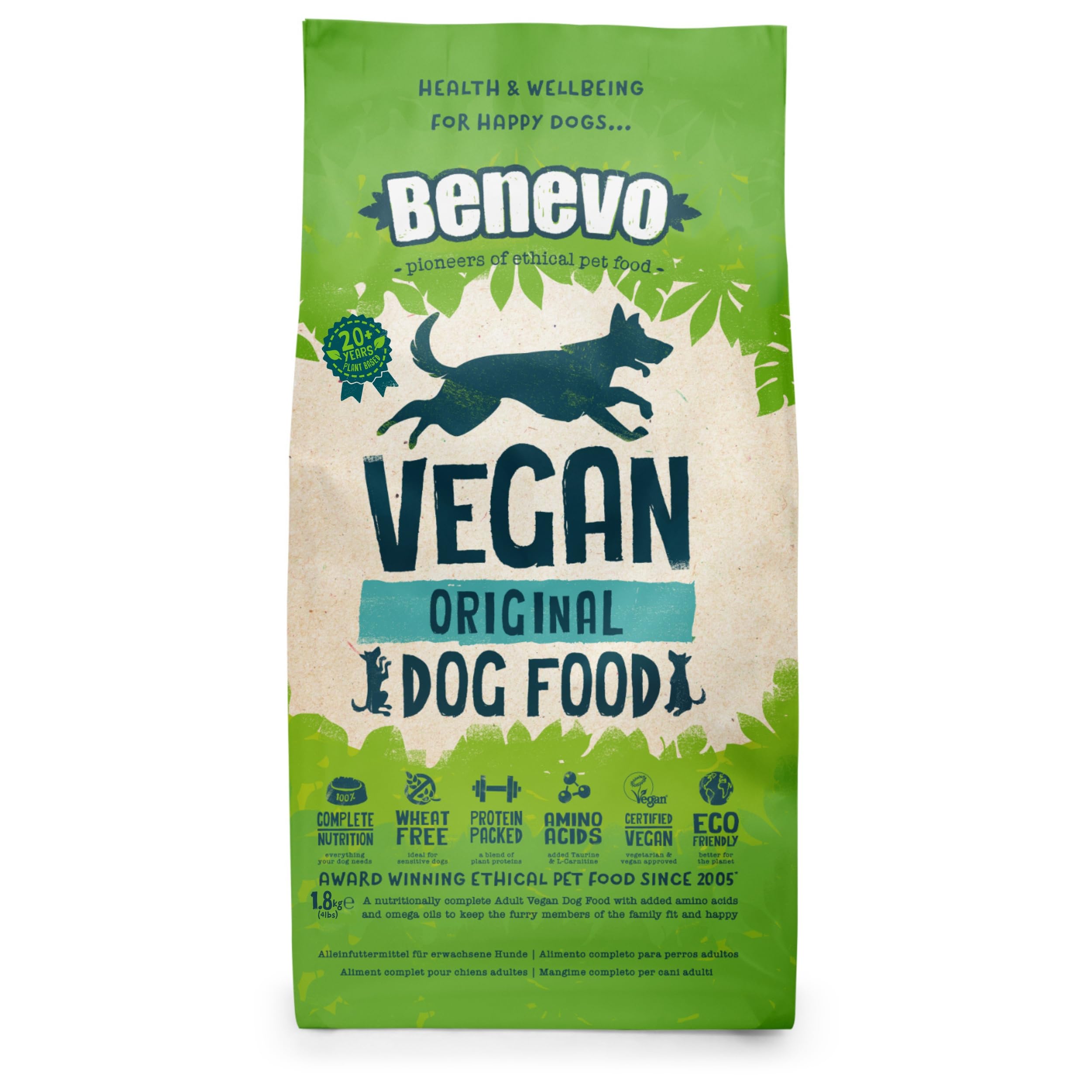Benevo Complete Dry Dog Food Vegan (1.8kg) Hypoallergenic, Wheat Free & Non GM, For Large & Small Breeds, With Essential Fatty Acids, Taurine, And L-carnitine, Approved By PETA & Vegan Society UK