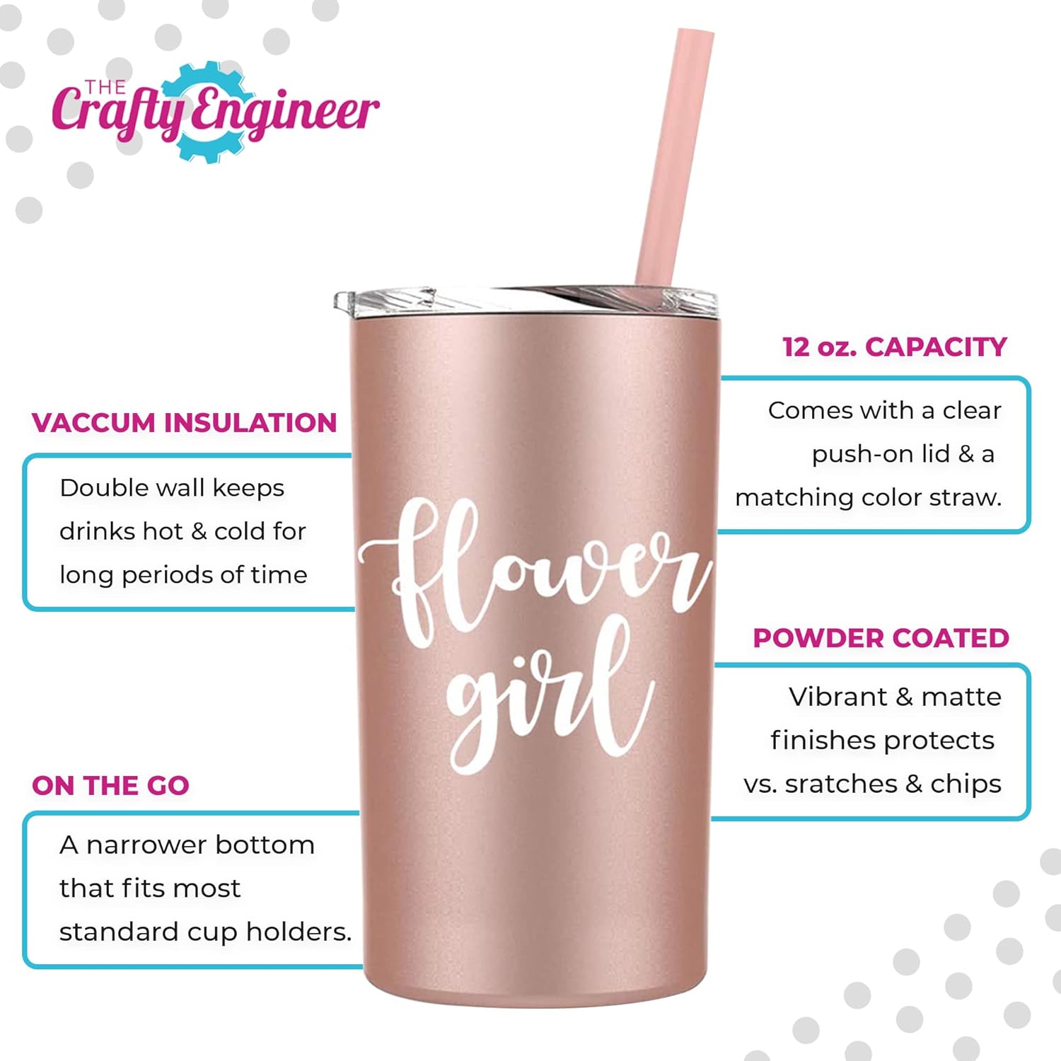 The Crafty Engineer Charming Flower Girl Tumbler with Straw - Proposal Gifts for Wedding Day - Double-Walled Stainless Steel Fancy Sippy Cup - (Rose Gold (Flower Girl)) - Image 6
