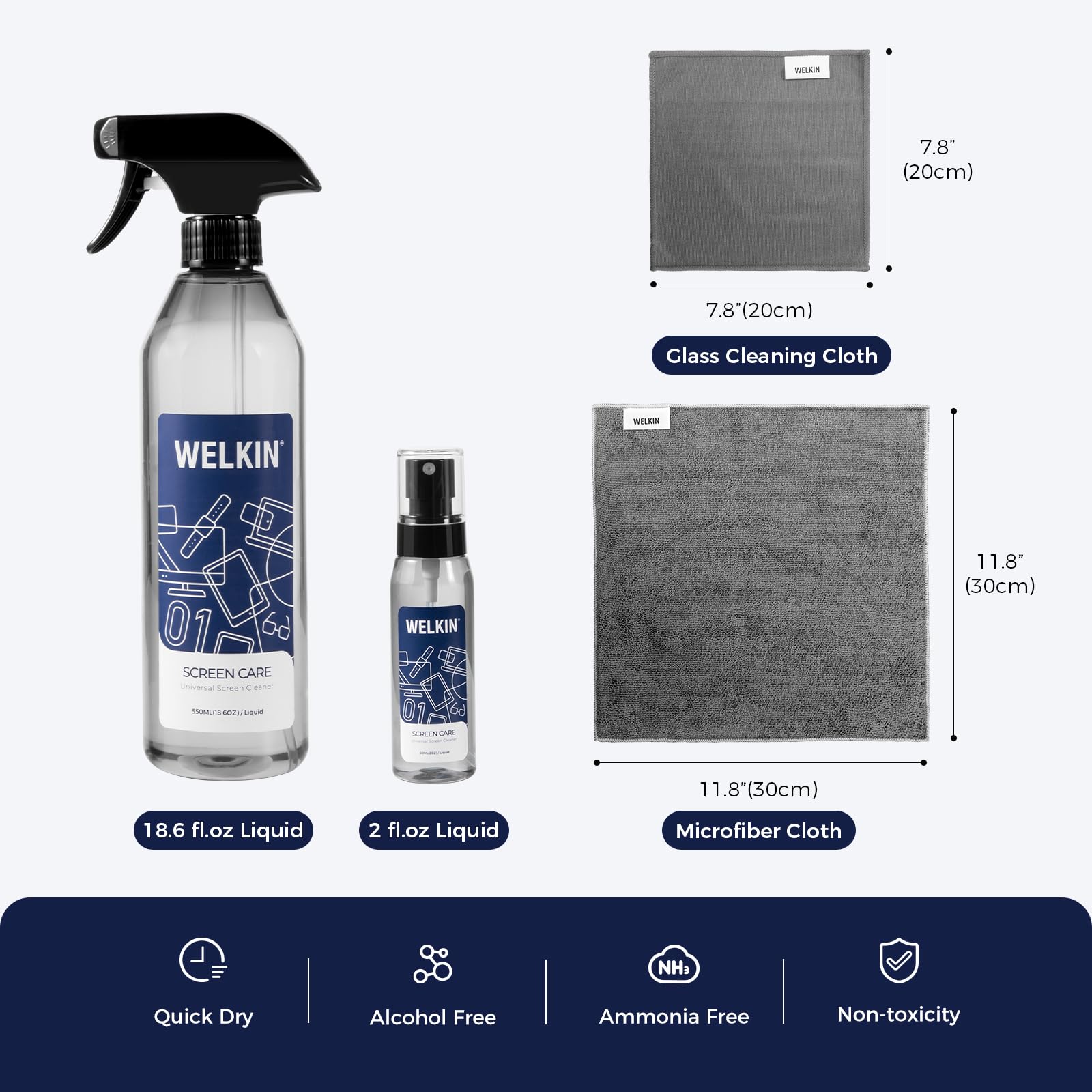 WELKIN Kit de spray limpiador de pantalla (18 onzas + 2 onzas) – niebla de limpieza para TV, laptop, computadora, pantalla táctil de teléfono – 2 pulverizadores, 1 paño de microfibra y 1 toallita de