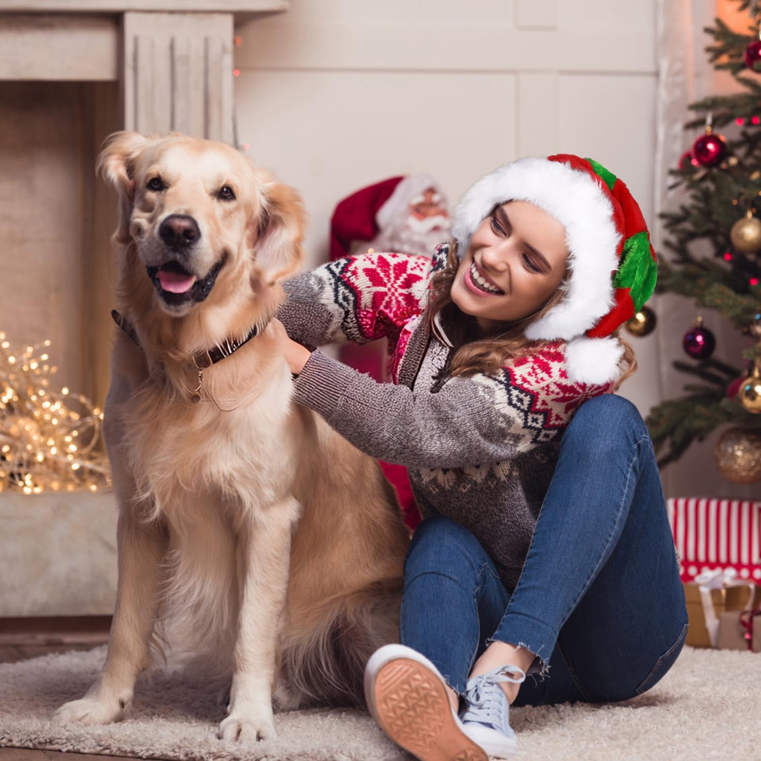 Santa Hat for Adults,Unisex Velvet Classic Red And Green Santa Elf Hat for Christmas Holiday Party Decoration - Image 6