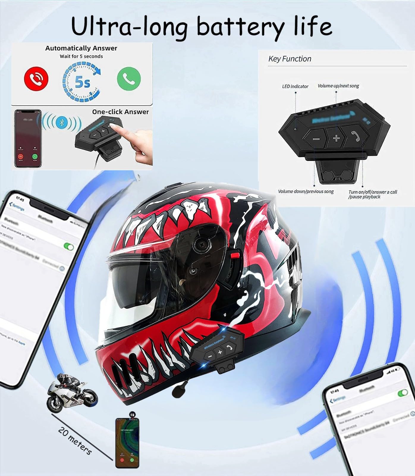 Kask motocyklowy z Bluetooth, kask motocyklowy do jazdy w mieście, kask integralny dla dorosłych mężczyzn i kobiet