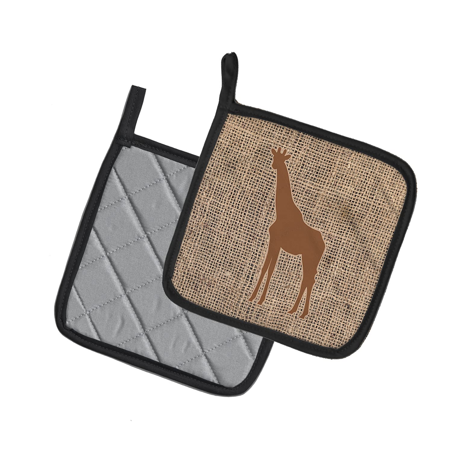 Caroline's Treasures BB1001-BL-BN-PTHD Giraffe Burlap and Brown Pair of Pot Holders Kitchen Heat Resistant Pot Holders Sets Oven Hot Pads for Cooking Baking BBQ, 7 1/2 x 7 1/2