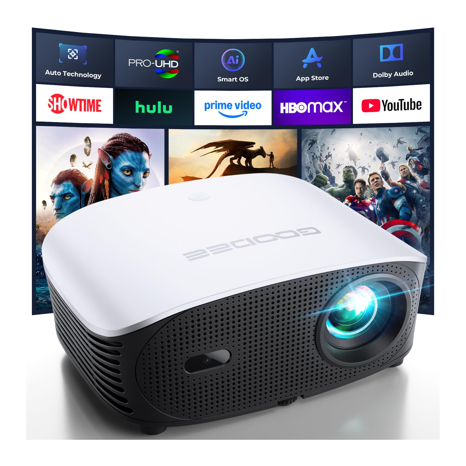 GooDee 4K Smart Mini Projector with WiFi and Bluetooth - Built-in Streaming Apps, AI Auto Focus & Auto Keystone, Dolby Audio, Indoor/Outdoor FHD Home Theater Projector for Movies & Gaming