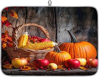 Dish Drying Mat, Thanksgiving Autumn Pumpkin Apples Wood Cute Drying Mat Absorbent Reversible Washable Dish Drainer Mats Heat Resistant Dish Drying Pad for Kitchen Counter, 18x24inch,J-860