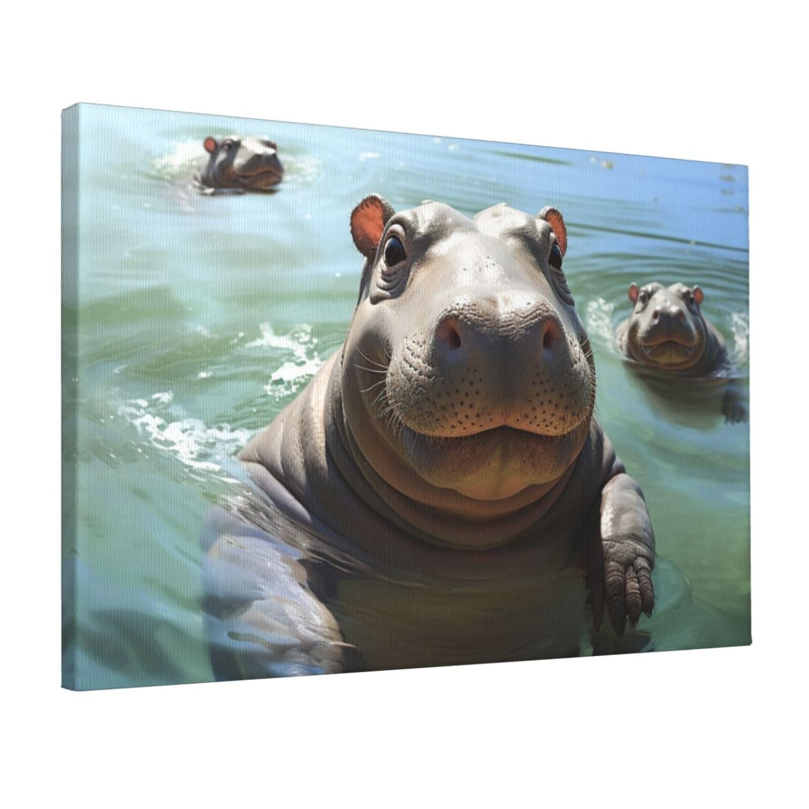 Canvas Wall Art for Living Room Wall Decor 12"x18" Modern Artwork Painting Pictures Hanging Canvas Prints Cute Hippos Aesthetic Wall Art for Bedroom Bathroom Office Wallart Decor