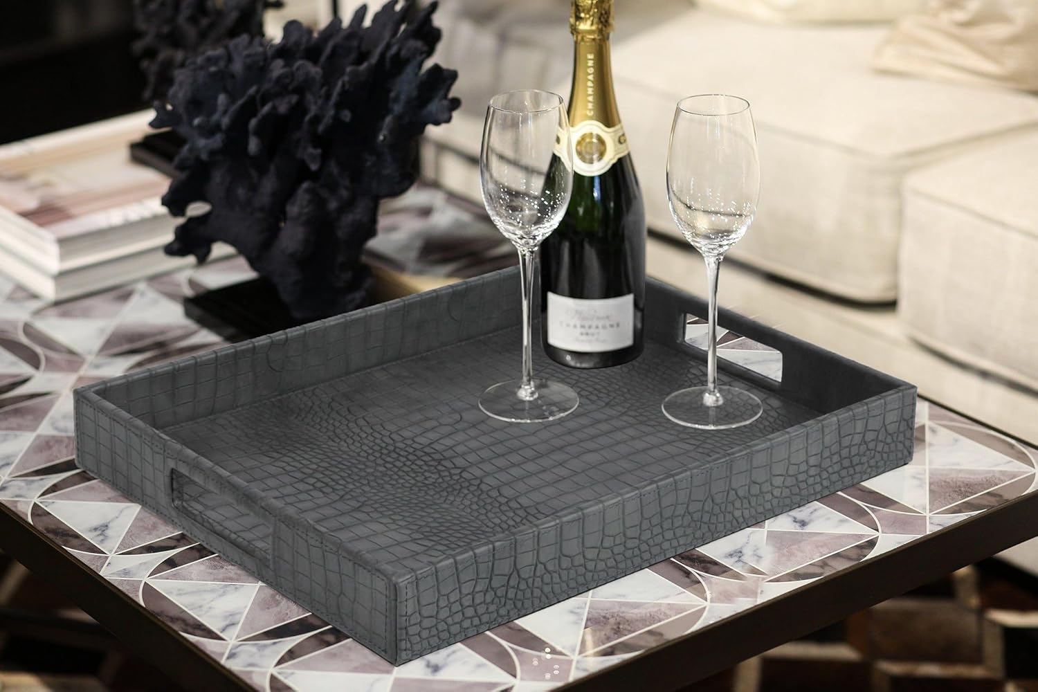 HofferRuffer Rectangle Serving Tray with Hole Handles for Coffee Table, Breakfast, Tea, Food, Butler - Countertop, Kitchen, Vanity Serve Tray, 16.2 x 12.2 x 2 inches, Faux Leather Tray (Dark Grey) - Image 4