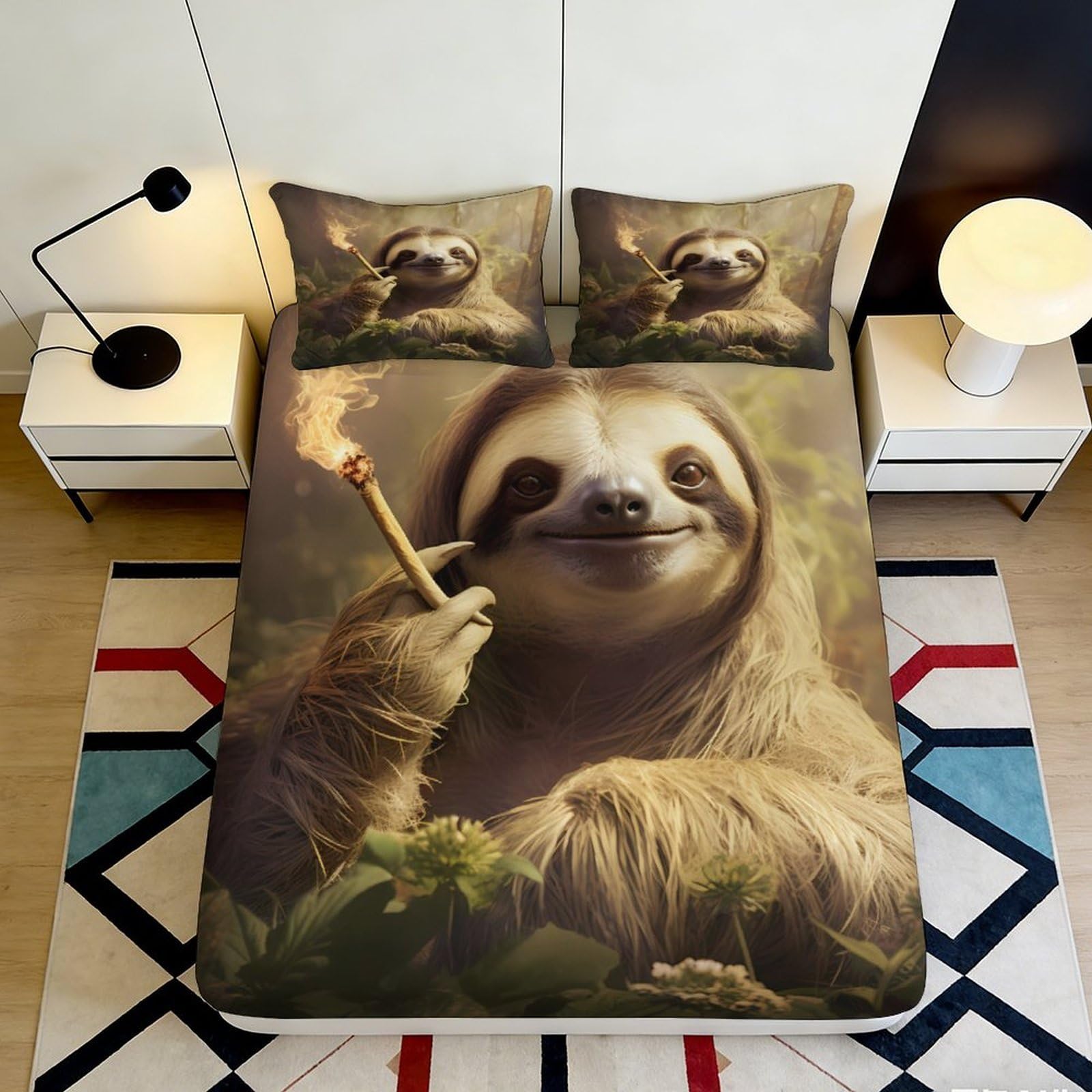 3D Printed Smoking Sloth Fitted Sheet Microfiber Soft Non-slip Forest Animal Mattress Cover Bedroom Decor 120x200cm 140x200x25cm