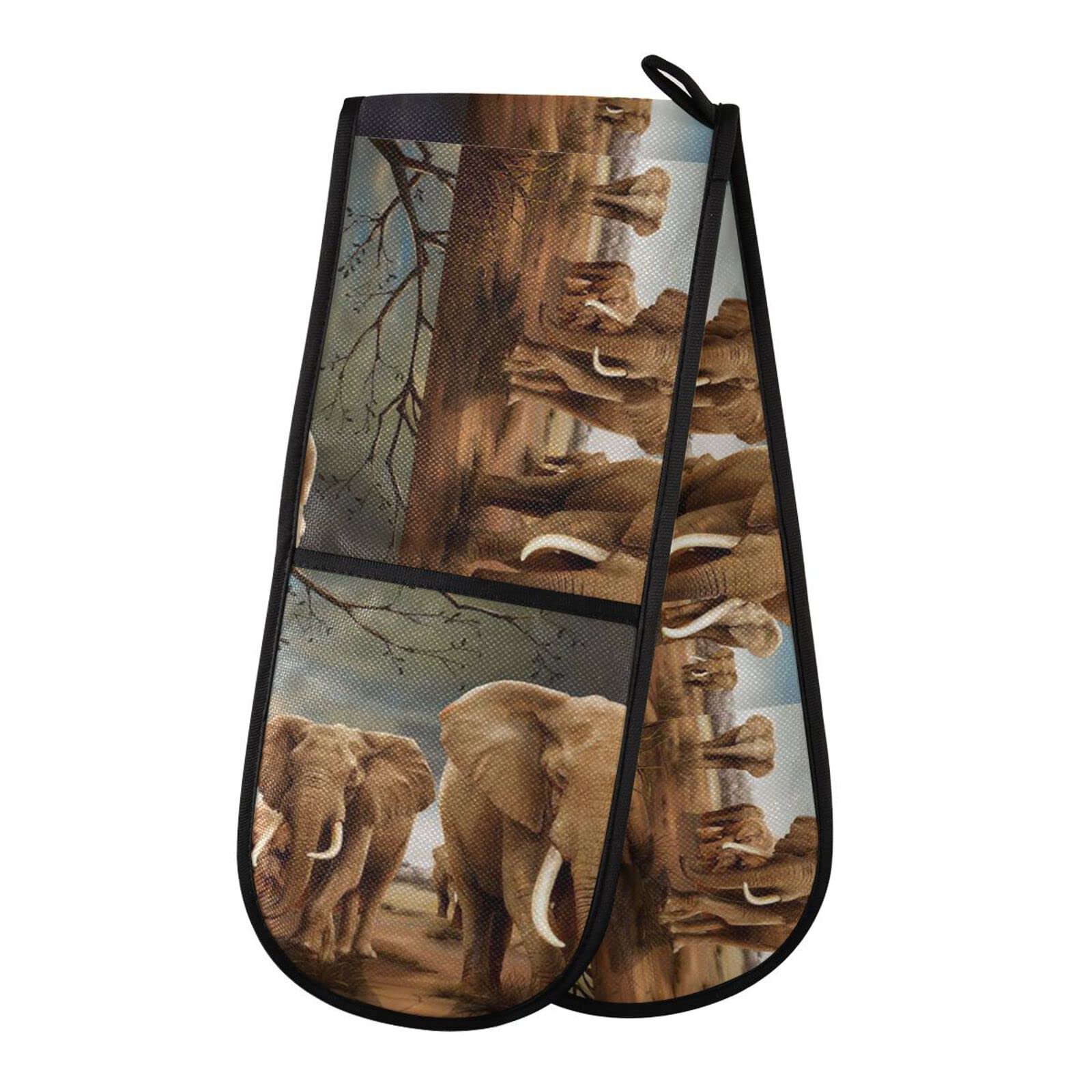 Youjuner Colour 3 Double Oven Glove Africa Elephant Heat Resistant Double Ovens Mitt Modern Cooking Gloves Potholders
