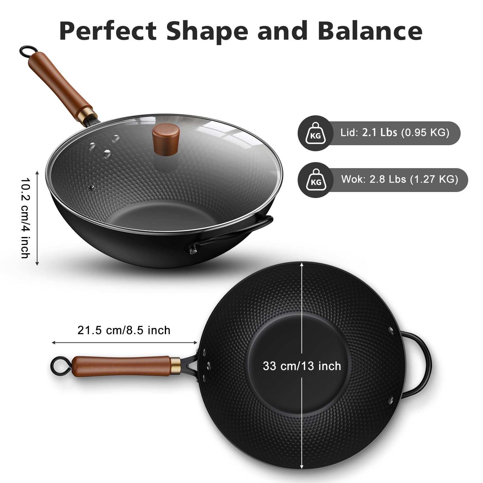 Wok antiadherente de acero al carbono de 13 pulgadas con cubierta de vidrio, woks y sartenes para inducción, eléctrica, gas, halógenos, todas las estufas 2