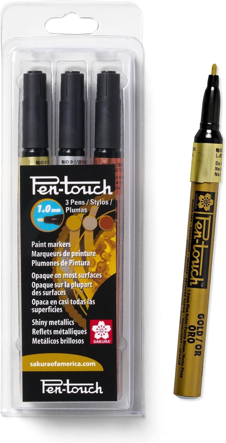 SAKURA 42391 3-Piece Fine Pentouch Paint Marker, 1.0mm, Gold, Silver and Copper | Permanent Pens for Glass, Wood, Porcelain, Plastic, and Metal, Archival Quality, Waterproof, Fade Resistant, Low Odor