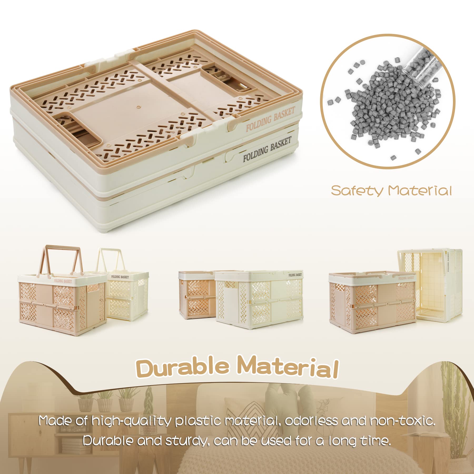 Spesh 2 cassette pieghevoli per bambini, 31 x 22 cm, mini cestini per la spesa pieghevoli con manici, piccole casse in plastica per picnic, shopping, campeggio (beige + rosa chiaro)