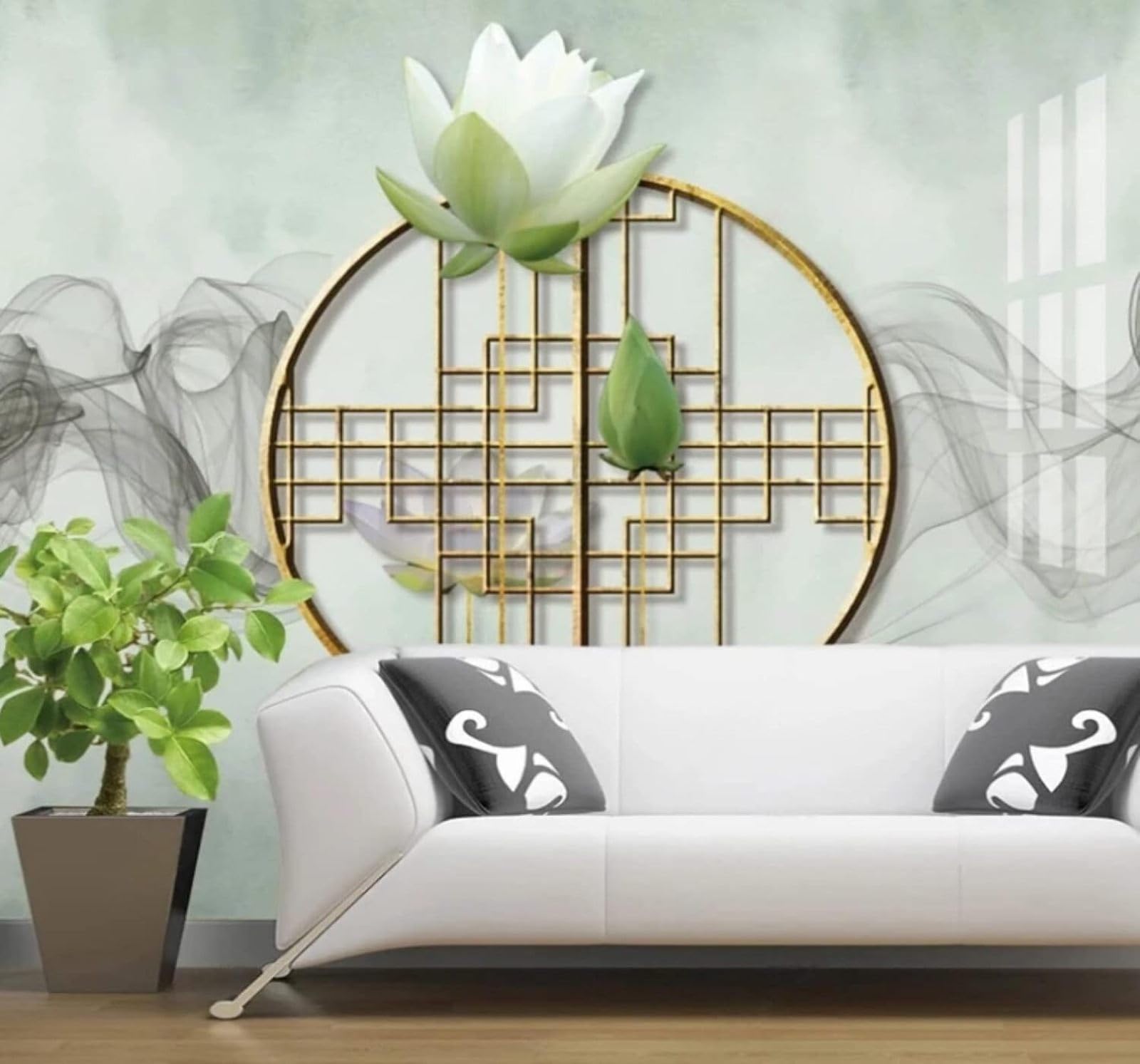 Xlming 300Cm×210Cm(B×H) Fresh Lotus Mist Classical Geometric 3D Wallpaper Luxury Silk Study Dining Feature Sofa Grey Bedroom Living Room Tv Decorative Wall-300Cm×210Cm
