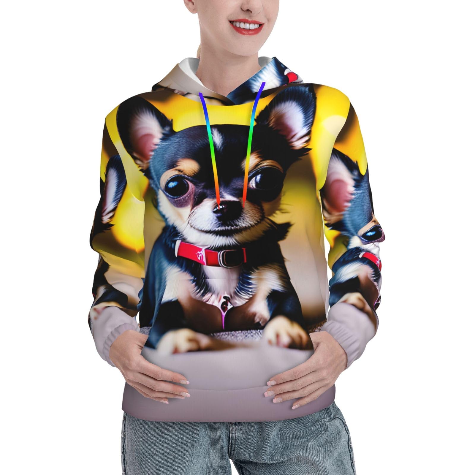 Fmasweq Women's Black Chihuahua Dog Print Stylish Hoodie,Kangaroo Pocket,Elastic Cuffs,Perfect For Spring,Fall Winter